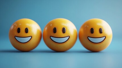 Poster - Playful 3D emoji characters bright smiles in a World Smile Day celebration Clean blue background with space for text on the left side representing mental health assessment and wellbeing