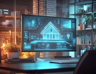 Poster - Digital smart home system on a computer screen with icons of security, energy, and a digital house model floating in the air over a desk in a modern office interior.