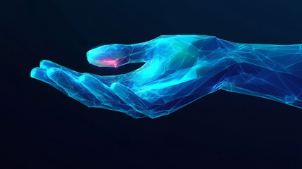 Poster - The image shows a hand, made of blue shapes, holding a futuristic device. This represents how mobile technology is constantly improving.low poly digital wireframe.