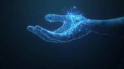 Poster - The image shows a hand, made of blue shapes, holding a futuristic device. This represents how mobile technology is constantly improving.low poly digital wireframe.