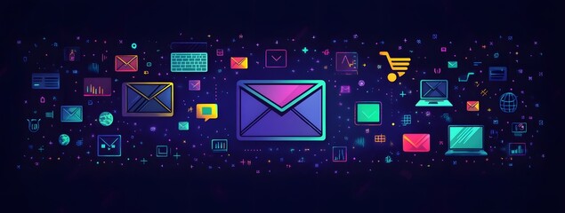 Poster - Flat vector illustration of an laptop and social media logos
