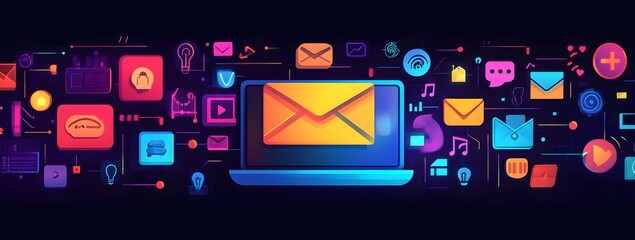 Poster - Flat vector illustration of an laptop and social media logos