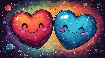 Poster - Playful illustration of cartoon heart and planet mascots in a 70s retro style set against a bright and lively background perfect for a World Health Day card design showcasing health awareness