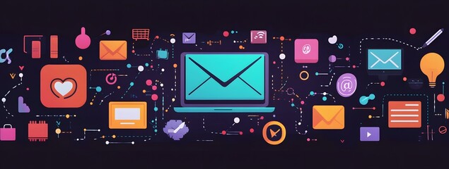 Poster - Flat vector illustration of an laptop and social media logos
