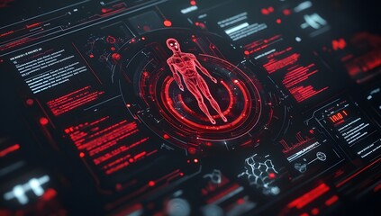 Aufkleber - Futuristic, high-tech user interface with an AI personal assistant in the center, surrounded by digital health data. 