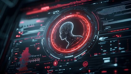 Aufkleber - Futuristic, high-tech user interface with an AI personal assistant in the center, surrounded by digital health data. 