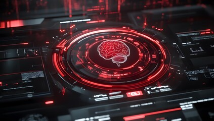 Aufkleber - Futuristic holographic interface displaying cybersecurity data, with a red and black color theme. 