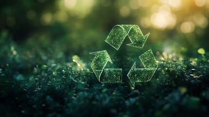 Poster - Green recycle symbol glowing brightly against a soft green bokeh background representing environmentally sustainable practices and the importance of saving the Earth on World Earth Day