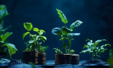 Green plants growing on stacks of coins, dark blue background, 