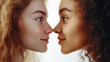 © tsuyoi_usagi - Close-up of two women with different skin tones facing each other,  white background.