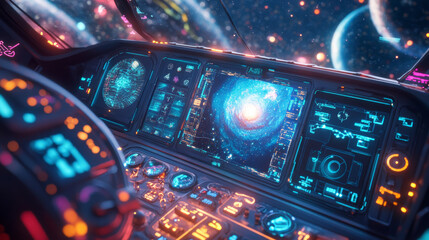 The spaceship's screen shows a view of the galaxy, with buttons and controls for navigation.low poly digital wireframe.