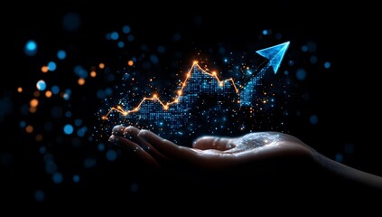 Poster - Hand holding up a glowing graph of stock market growth with an arrow pointing upwards on a black background, symbolizing business success and progress in the financial 