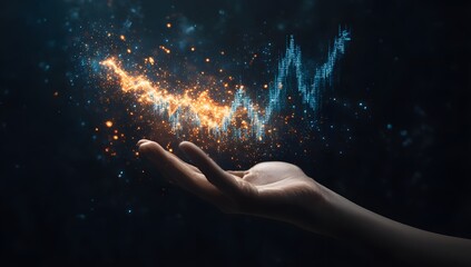 Poster - Hand holding up a glowing graph of stock market growth with an arrow pointing upwards on a black background, symbolizing business success and progress in the financial 