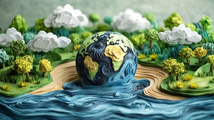 Poster - Vibrant paper art showing Earth rivers flowing into oceans surrounded by green trees and clouds celebrating World Water Day and emphasizing environmental protection and saving water