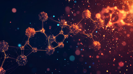 Poster - Exploring how chemicals work together, shown with a picture of a molecule and its parts.low poly digital wireframe.