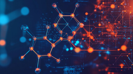 Poster - Exploring how chemicals work together, shown with a picture of a molecule and its parts.low poly digital wireframe.