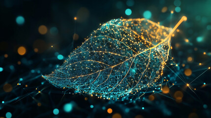 Poster - Synthetic biology uses engineering principles to design and build biological systems.Image shows a leaf with electronic patterns,representing the potential of this technology.low poly digital wirefram