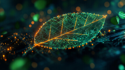 Poster - Synthetic biology uses engineering principles to design and build biological systems.Image shows a leaf with electronic patterns,representing the potential of this technology.low poly digital wirefram