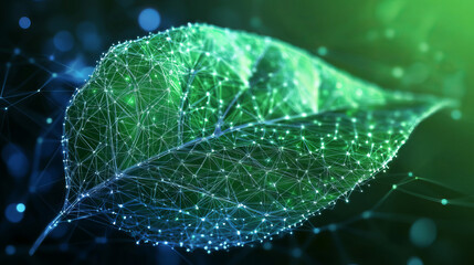Poster - Synthetic biology uses engineering principles to design and build biological systems.Image shows a leaf with electronic patterns,representing the potential of this technology.low poly digital wirefram