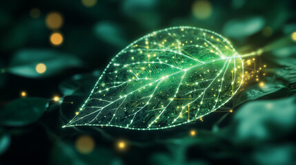 Poster - Synthetic biology uses engineering principles to design and build biological systems.Image shows a leaf with electronic patterns,representing the potential of this technology.low poly digital wirefram