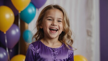 Female caucasian girl in purple attire on kid background