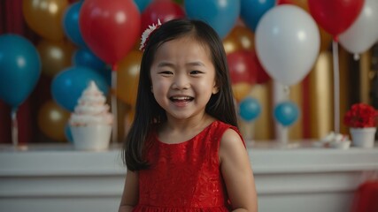 Female asian girl in red attire on kids party background