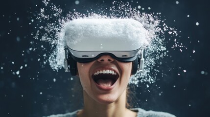 Poster - Woman Wearing VR Headset Surrounded by Water Splashes