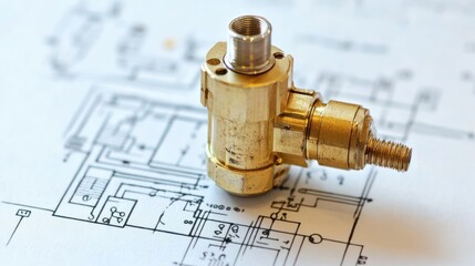 Poster - Gold-toned plumbing fitting on a blueprint