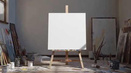 Empty canvas on easel in an art studio