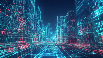 A city of the future, with buildings that look like they're made of digital code, like something out of a computer program.low poly digital wireframe.