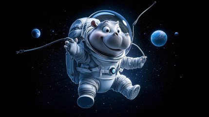 Baby hippo in a space suit, floating in space, playful expression, 3D futuristic scene with planets and stars