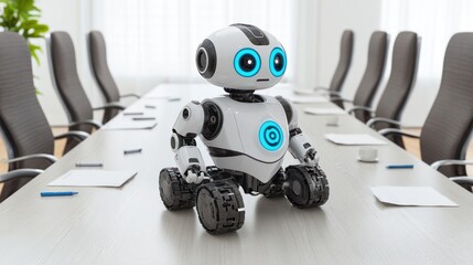 Poster - A White Robot Sitting at a Conference Table