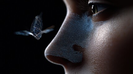 Wall Mural - Close up of a Human Face with a Digital Grid Overlay and a Blurred Butterfly