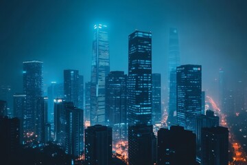 Fototapete - A view of a city skyline at night, with tall buildings illuminated by lights.