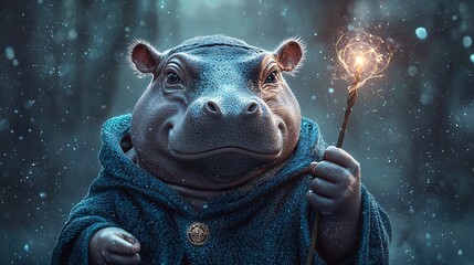 Poster - Baby hippo in a wizard's robe, sarcastic expression, detailed 3D render, magical forest background, glowing wand