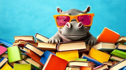 Poster - A snarky baby hippo standing on a pile of books, oversized glasses, vibrant 3D illustration, classroom background