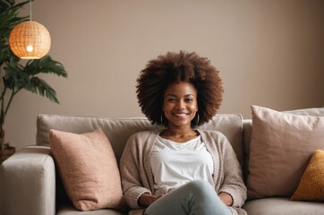 Wall Mural - Smiling African American woman with afro relaxing on sofa in living room