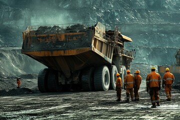 A large mining truck stands in a quarry. Workers in safety gear observe the massive machine. The scene represents heavy industry and teamwork. It captures raw power. Generative AI