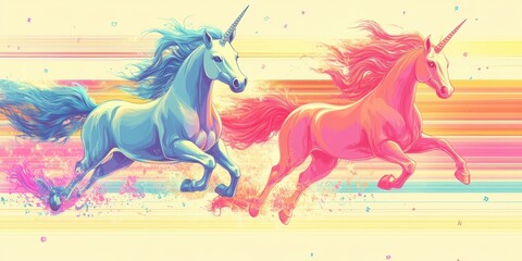 Two unicorns running on a rainbow background.