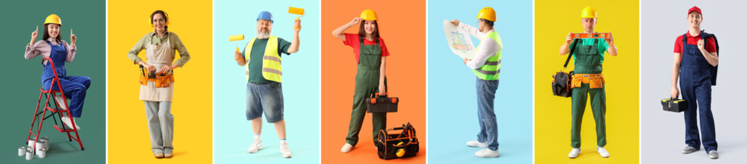 Wall Mural - set of different workers on color background