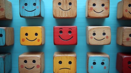 Poster - Visual representation of wooden cubes adorned different emotion faces organized a peaceful blue background highlighting the significance of World Mental Health Day and the role of emotional feedback