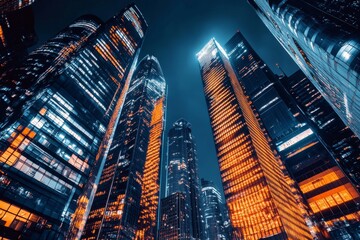 Fototapete - Low angle view of illuminated skyscrapers at night, with a dark blue sky and glowing lights reflecting off the glass buildings.