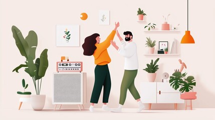 Wall Mural - A couple enjoys a joyful moment while dancing together in a stylish living room adorned with indoor plants and decorative items