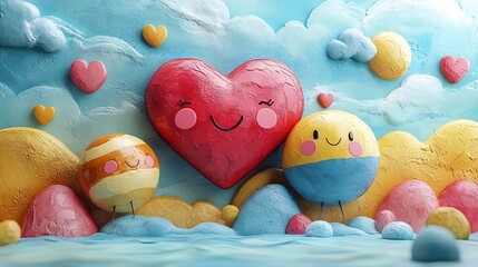 Poster - Whimsical design of heart and planet mascots dressed in 70s fashion surrounded by colorful healththemed elements ideal for a vibrant and engaging World Health Day greeting card