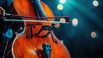 Close-up of a Cello with a Blurred Background of Lights