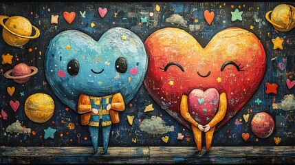 Poster - Whimsical design of heart and planet mascots dressed in 70s fashion surrounded by colorful healththemed elements ideal for a vibrant and engaging World Health Day greeting card