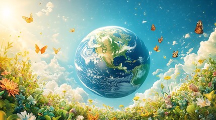 Poster - Whimsical Earth Day background showcasing cartoonstyle Earth surrounded by playful animals plants and butterflies all set against a sunny sky promoting joy and unity for our planet
