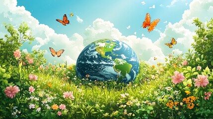 Wall Mural - whimsical earth day background showcasing cartoonstyle earth surrounded by playful animals plants an