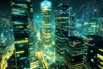 Fototapete - A breathtaking aerial view of a modern city skyline at night, illuminated by vibrant lights.