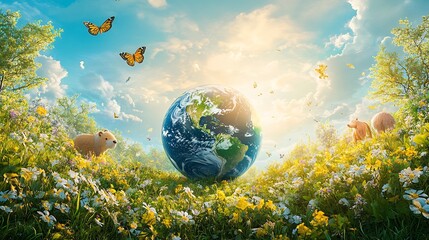 Poster - Whimsical Earth Day background showcasing cartoonstyle Earth surrounded by playful animals plants and butterflies all set against a sunny sky promoting joy and unity for our planet